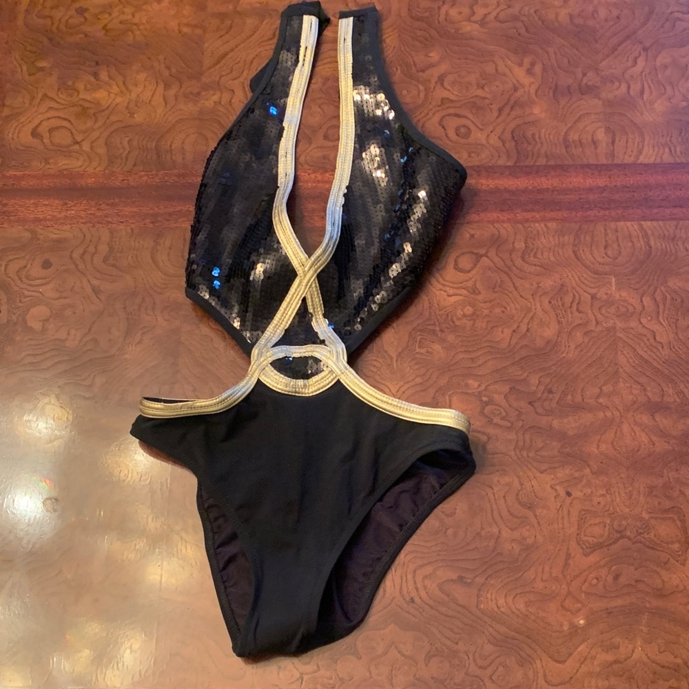 Gottex Black One-Piece sequins Swimsuit with Gold Trim